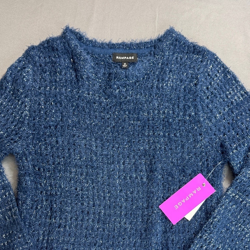 NWT Rampage Women's Textured Knit Sweater Deep Blue Metallic Blend Size S
